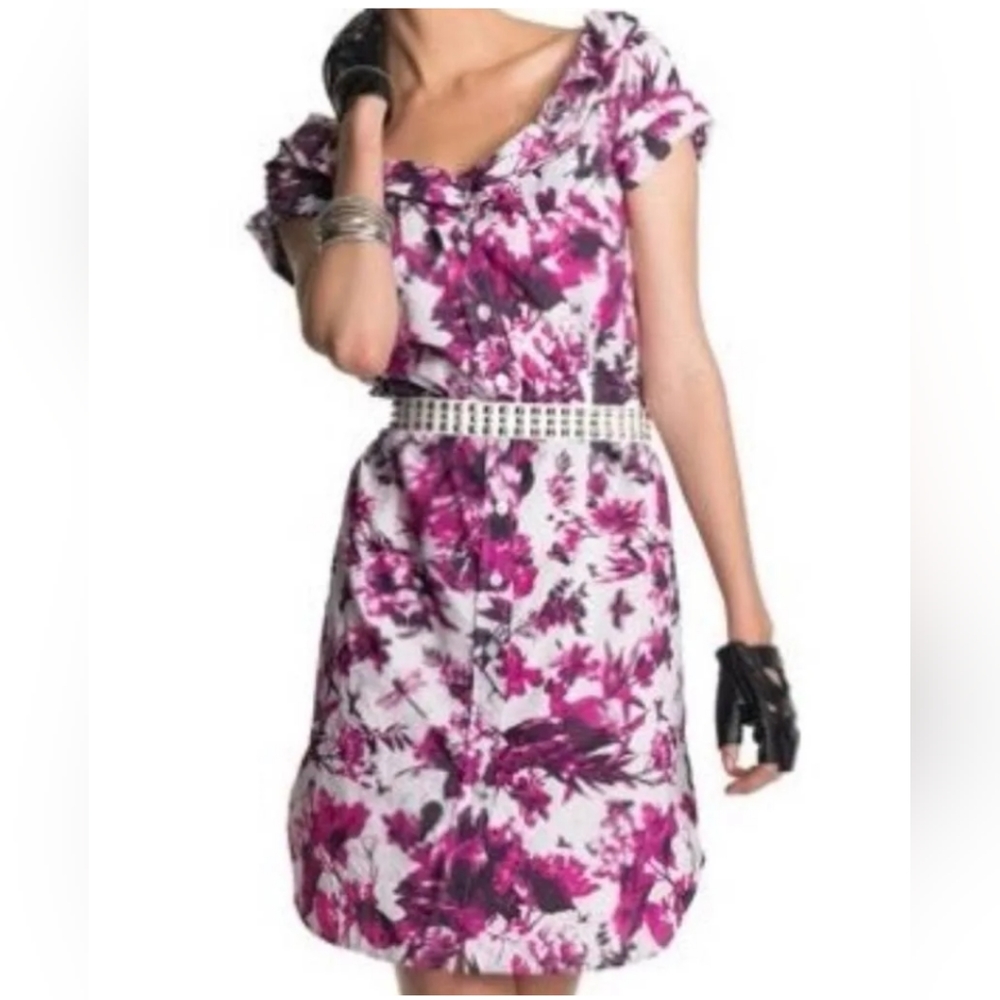 Jean Paul Gaultier L Short Sleeved Floral Purple Pink Mini Dress